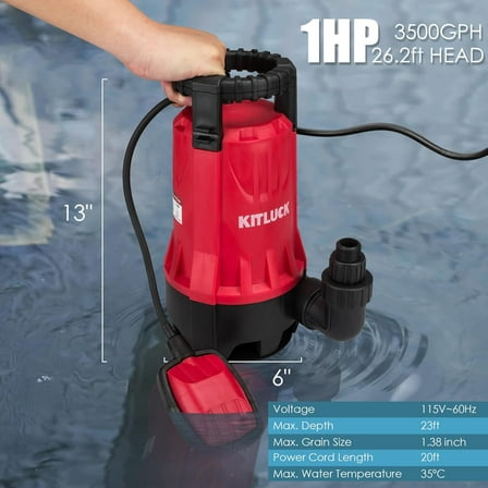 1HP Submersible Water Pump with Float Switch, 3500GPH, 20ft Rubber Cord for Pool Drain, Basement Flood, Pond