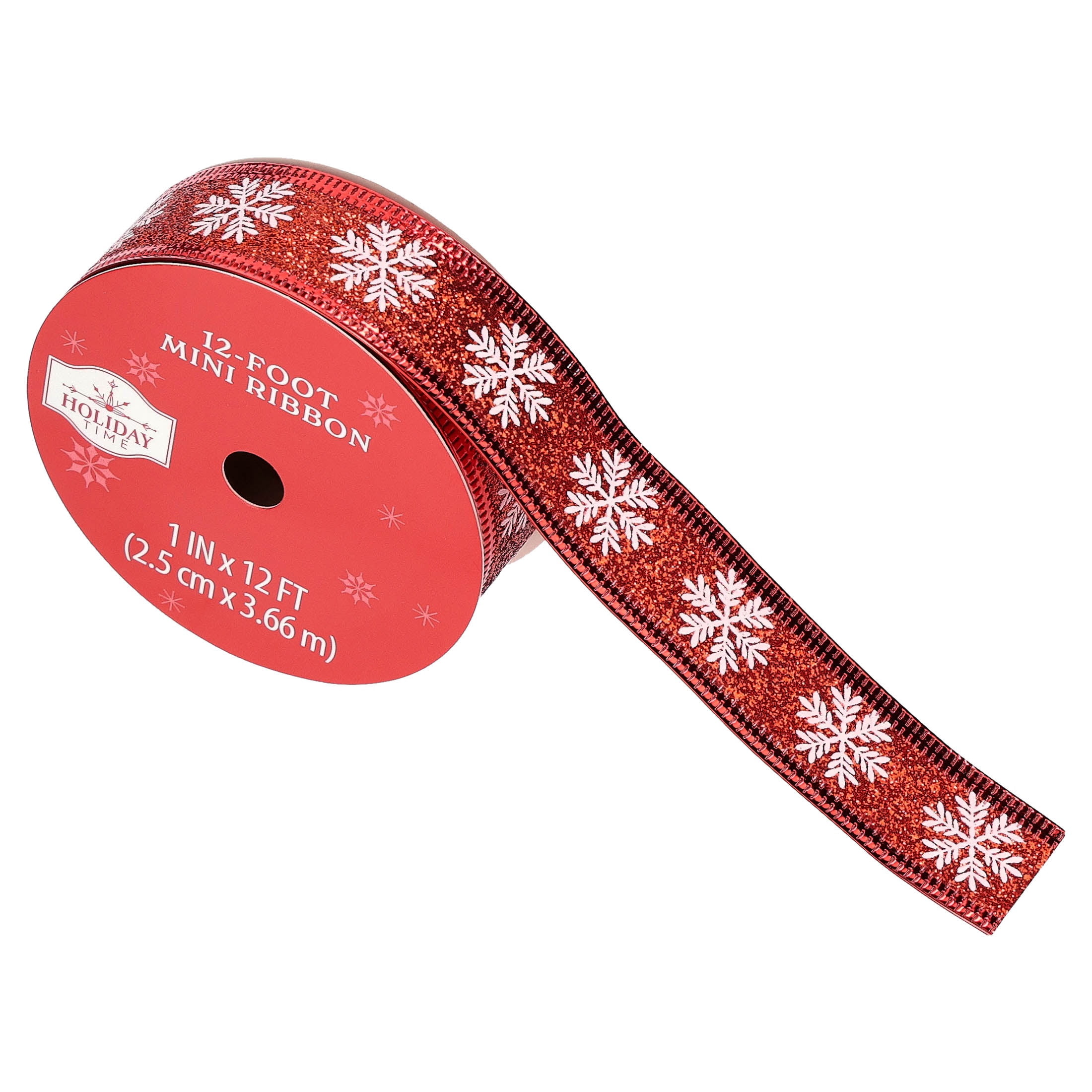 Red and White Glitter Snowflake Mini Christmas Ribbon, 1" x 12', by Holiday Time