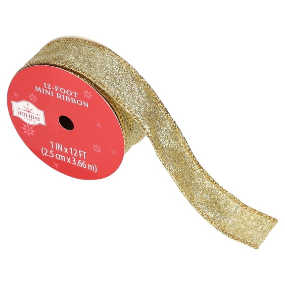 Gold Glitter Mini Christmas Ribbon, 1" x 12', by Holiday Time