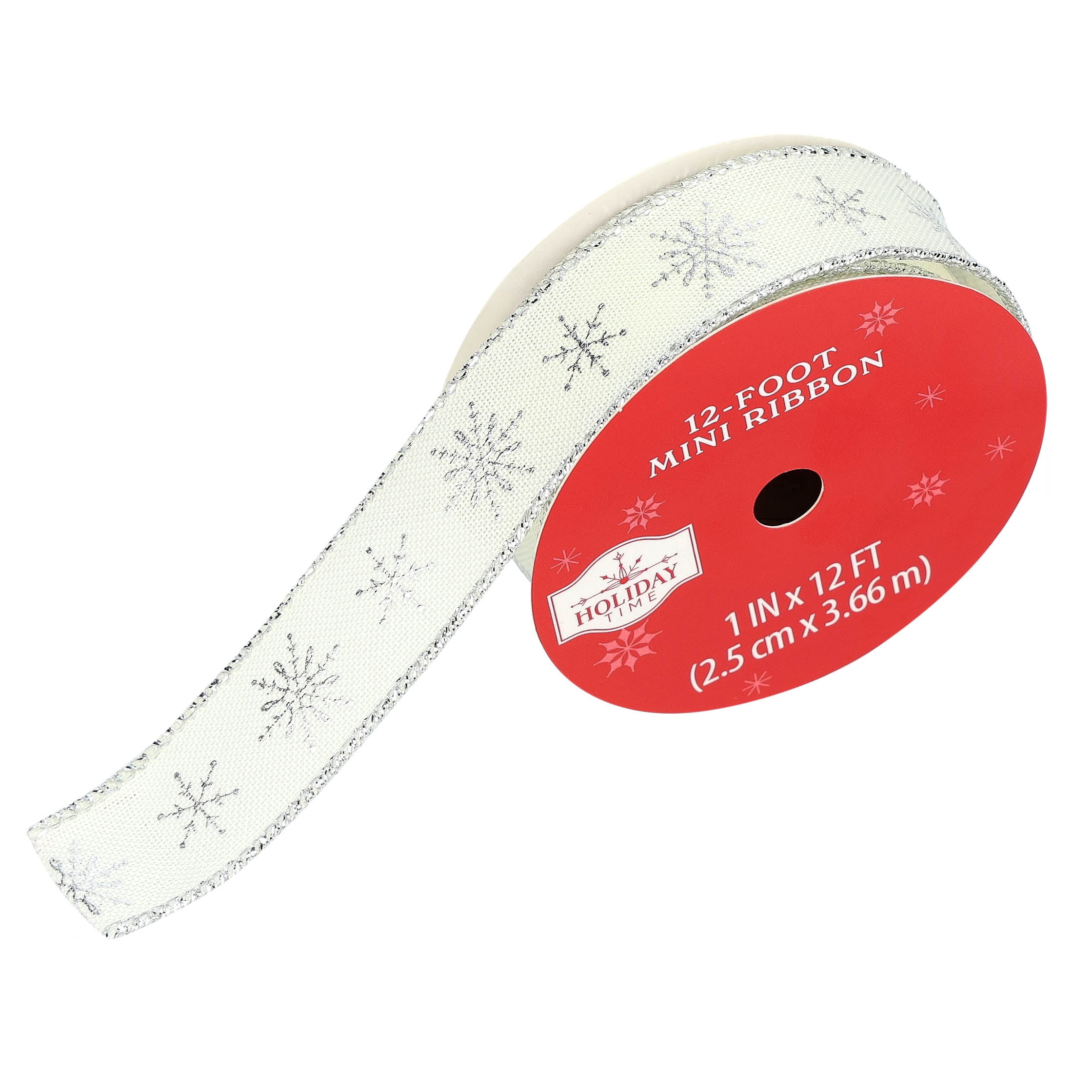 Cream and Silver Glitter Snowflake Mini Christmas Ribbon, 1" x 12', by Holiday Time