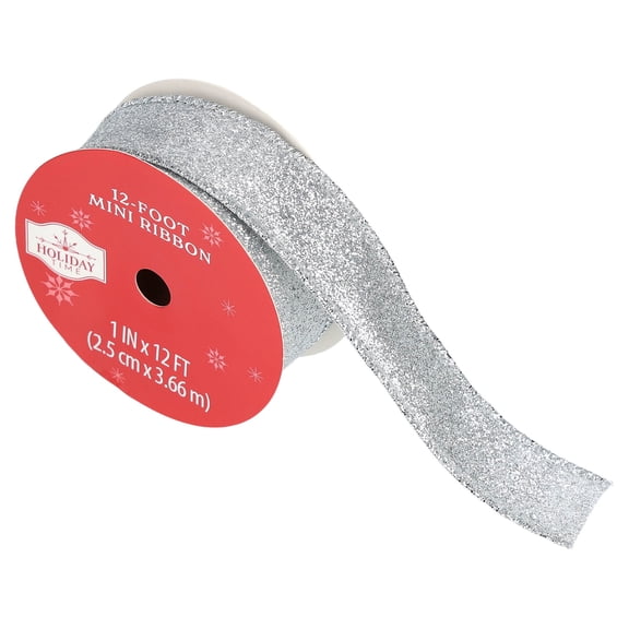Silver Glitter Mini Christmas Ribbon, 1" x 12', by Holiday Time