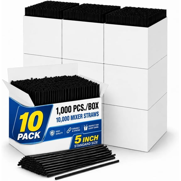 1InTheHome Coffee Stirrers 5.25", Sip Stir Sticks, Plastic Cocktail Mixers Straw, Heavy Duty, Disposable, Black, 1000/Box -10 Pack