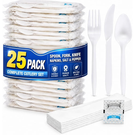 1InTheHome Plastic Utensils Individually Wrapped, Plastic Cutlery Packets, Spoons And Forks Set Disposable With Napkin Salt Pepper, 25 Pack