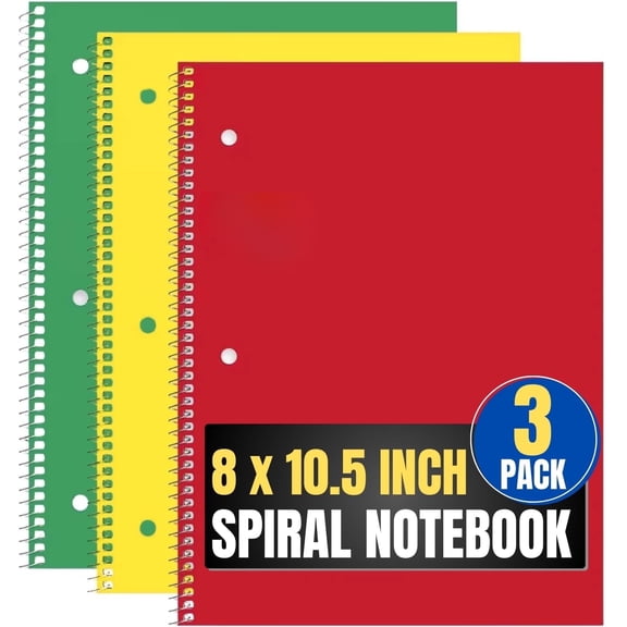 1InTheOffice 3 Subject Spiral Notebook, Wide Ruled Spiral Notebook, 8" x 10,5". 3-Hole Punched, 120 Sheets, Assorted Colors, 3 Pack