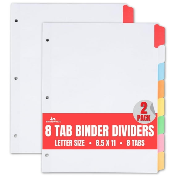 1InTheOffice 8 Tab Dividers For 3 Ring Binder, Big Tab Write On & Erase Durable Plastic Binder Dividers , 8 Colored Tabs , 2 Sets