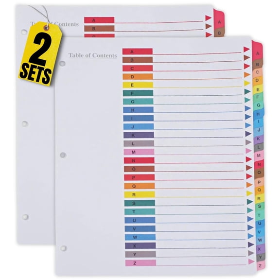 1InTheOffice Alphabetical Dividers for 3 Ring Binders, A-Z Tab Binder Dividers, Customizable Table of Contents, Multicolor Tabs, 2 Sets