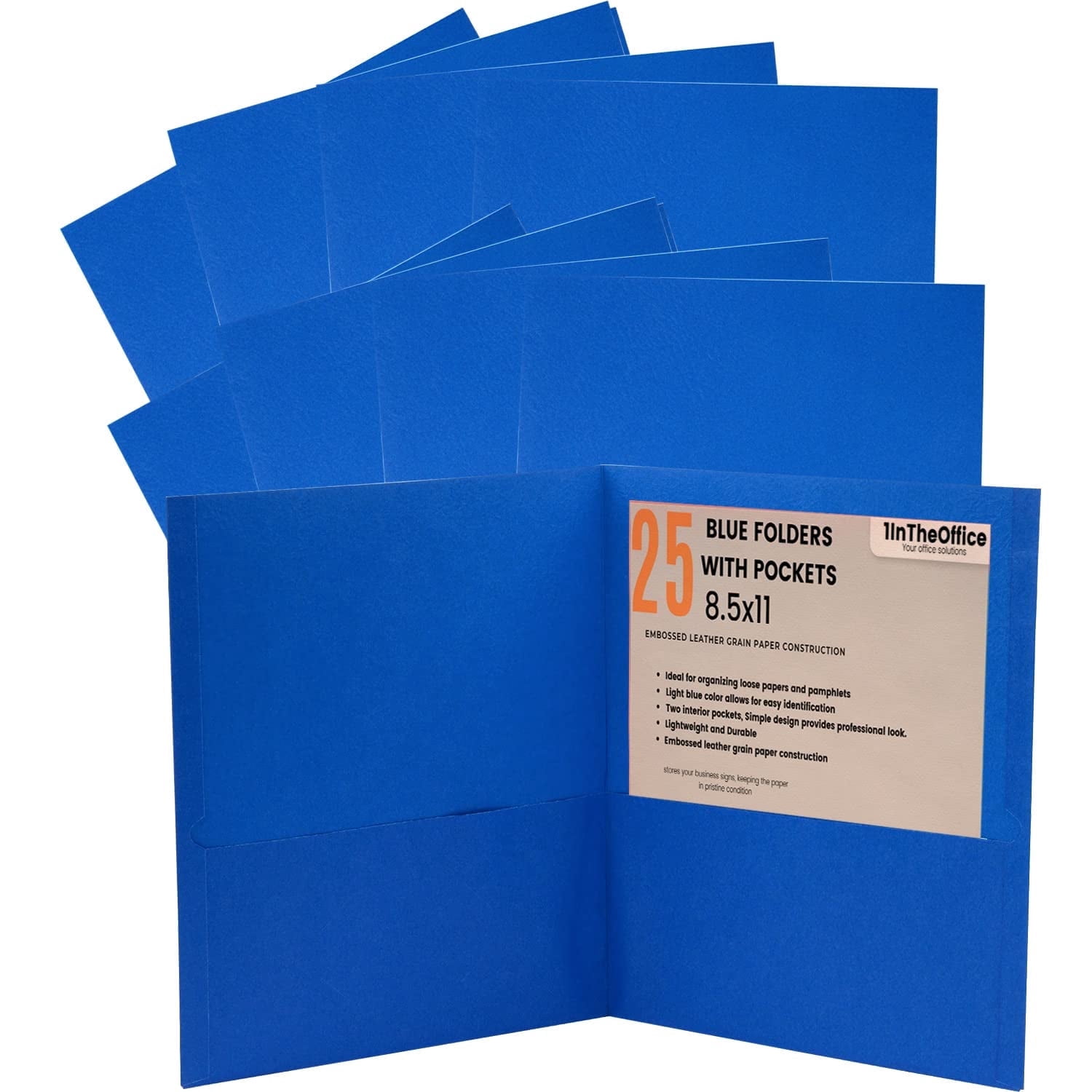 1InTheOffice Blue Folders with Pockets, Letter Size 2-Pocket Embossed ...