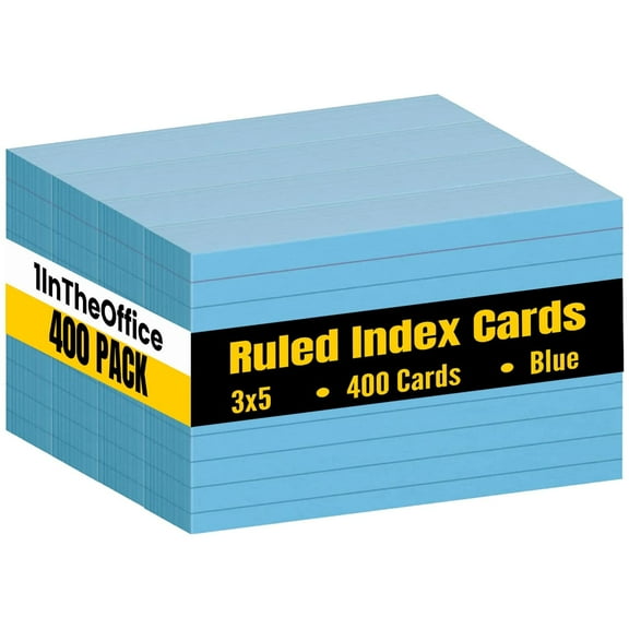 1InTheOffice Blue Index Cards 3x5 Ruled, Index Card Blue Colored 3x5, Ruled 3" x 5" Index Cards, Blue, 400 Pack