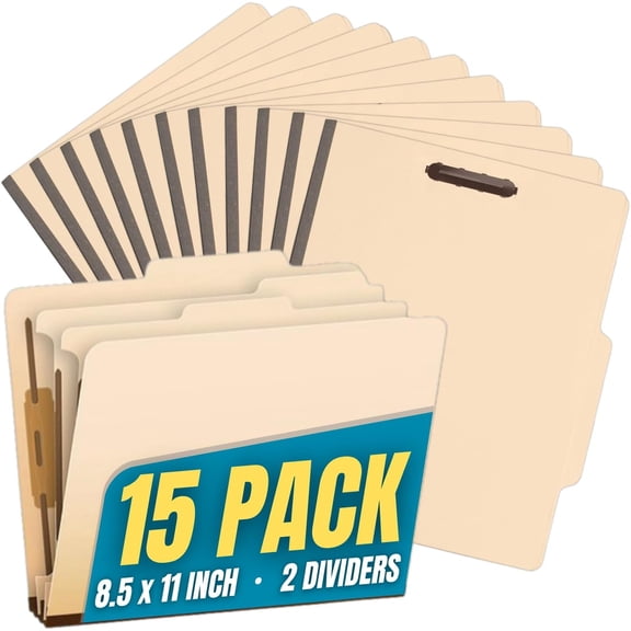 1InTheOffice Classification Folders, 2 Dividers, Letter Size, Manila, 6 Fasteners 15 Pack
