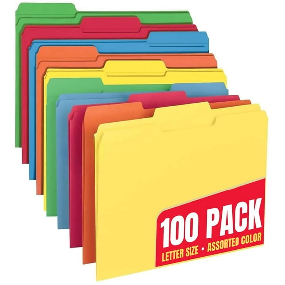 1InTheOffice Colored File Folders, Top-Tab File Folders, 3 Tab, 5 Assorted Colors, Letter Size, 100/Pack