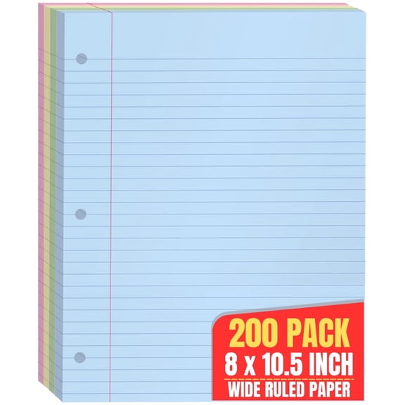 1InTheOffice Colored Filler Paper 8.5x10.5 , Wide Ruled, Lined Loose Leaf, Paper, Pastel, 200/Pack