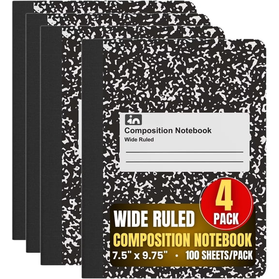 1InTheOffice Composition Notebook Wide Ruled, Marble Composition Notebook, 7.5" x 9.75" Notebook, 100 Sheets, Black, 4 Pack