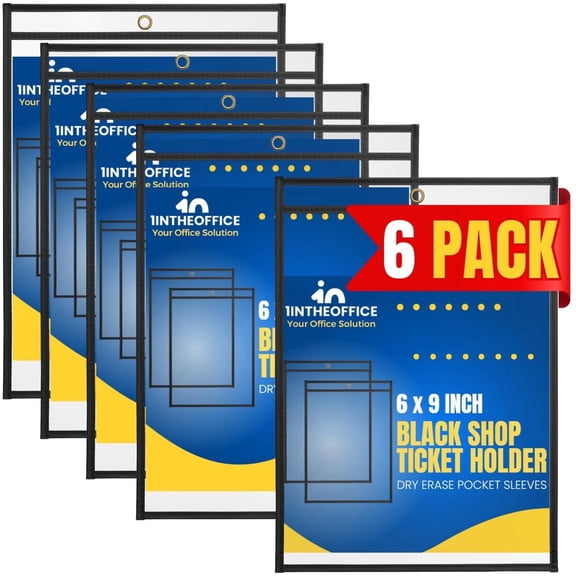 1InTheOffice Dry Erase Pocket Sleeves, Black Shop Job Ticket Holders 6x9 , (6 Pack)