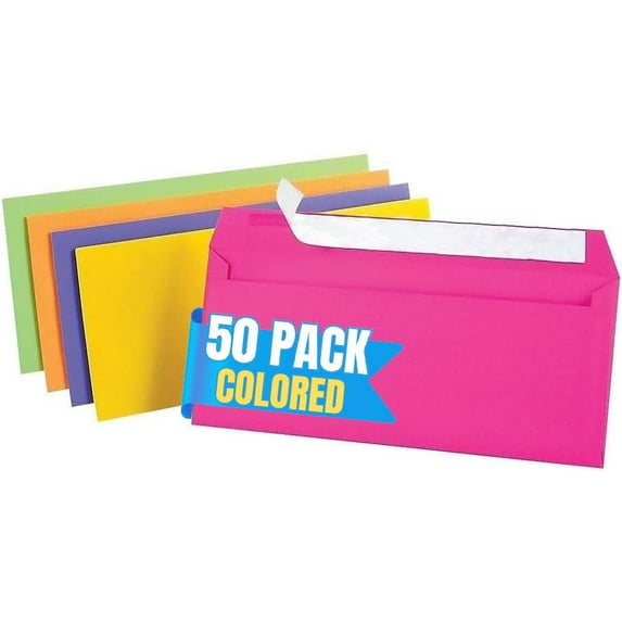 1InTheOffice EasyClose Neon Brights Color Envelopes, #10, Assorted, 4 1/8"H x 9 1/2"W, 50/Pack (Assorted Neon Brights)