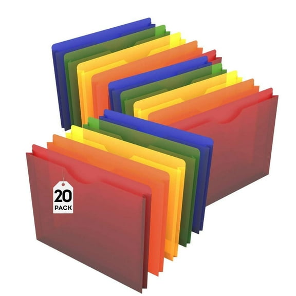 1InTheOffice Expandable File Folders, Plastic File Folders, File Jackets, Letter Size, Expandable, Assorted Colors, 20 Pack
