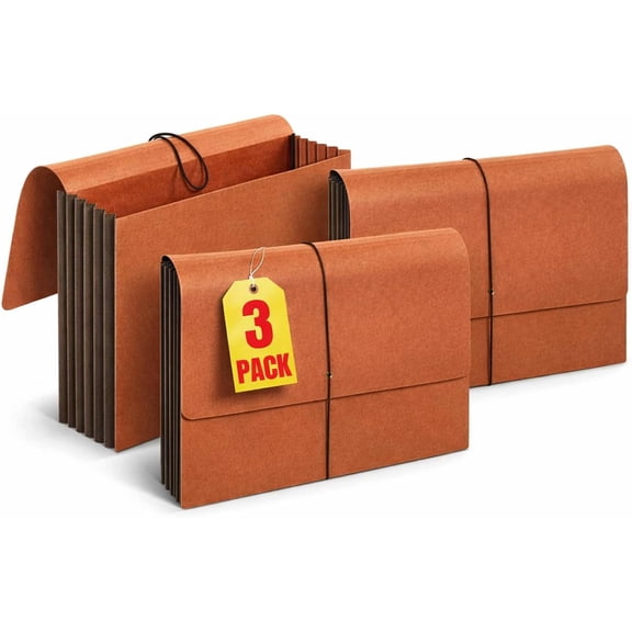 1InTheOffice Expanding File Folder with Flap and Cord Closure, 5-1/4" Expansion, Letter Size, Wallet Redrope, 3 Pack