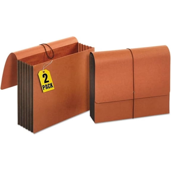 1InTheOffice Expanding File Wallet with Flap and Cord Closure, 5-1/4" Expansion, Letter Size, Redrope, 2 Pack