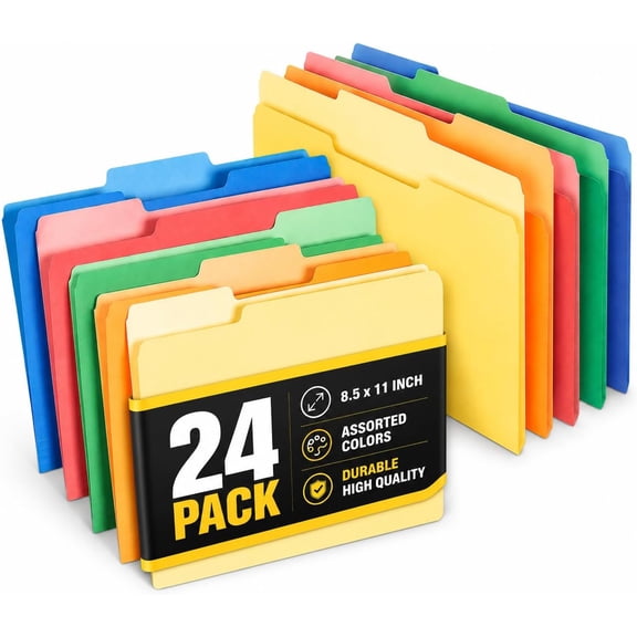 1InTheOffice Colored File Folders, Letter Size, 1/3 Cut Top-Tab, 3 Tabs, Assorted Colors, Expandable to 0.75" for Document Organization,  24-Pack