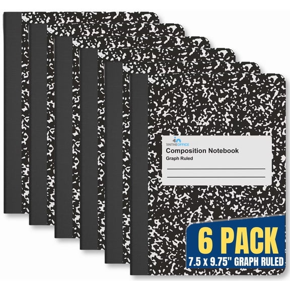 1InTheOffice Graph Paper Composition Notebook, Graph Ruled notebook, Quad Ruled Composition Notebook, 80 Sheets, 7.5" x 9.75", Black, 6 Pack