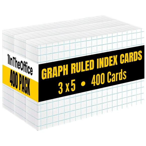 1InTheOffice Graph Ruled Index Cards 3x5, Index Cards Grid Ruled, Lined Notecards 3x5, Small Index Cards, White, 400 Pack