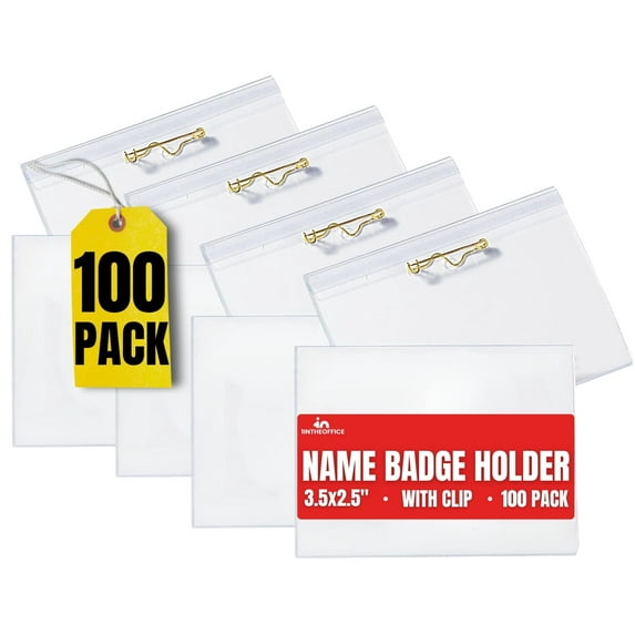 1InTheOffice ID Badge Holder Horizontal, Plastic Name Tag Holder, Name Badge Holder, Pin Style, Clear, 2-1/4"x3-1/2", 100 Pack