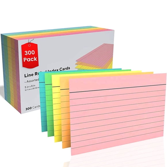 1InTheOffice Index Card 5x8 Ruled, Lined Note Cards, Flash Cards, Assorted Colors, 300/Pack