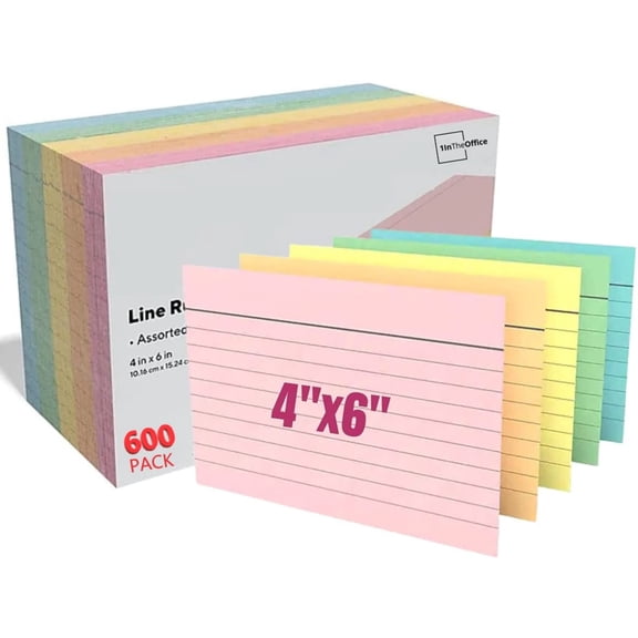 1InTheOffice Index Cards 4x6 Ruled, Pastel Colored Index Cards, Assorted Color Ruled Index Cards, 600 Pack