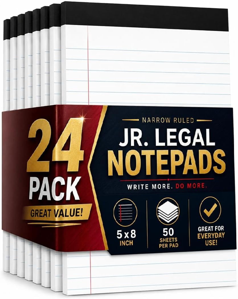 1InTheOffice Jr Legal Pads,Small Legal Notepads, 5" x 8", Narrow Ruled Note Pad, White, 50 Sheets/Pad, 24 Pads/Pack