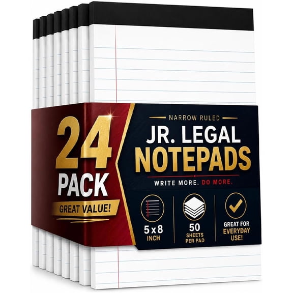 1InTheOffice Jr Legal Pads,Small Legal Notepads, 5" x 8", Narrow Ruled Note Pad, White, 50 Sheets/Pad, 24 Pads/Pack