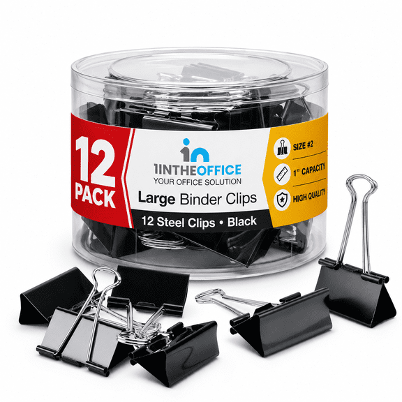 1InTheOffice Large Binder Clips, Black Metal Binder Clips 2 Inch Size, 1 Inch Capacity Paper Clamps, 12 Pack