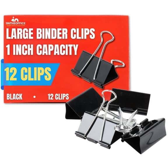 1InTheOffice Large Binder Clips, Paper Clamps, Paper Binder Clips, 1" Capacity, Metal, Black, 12 Pack