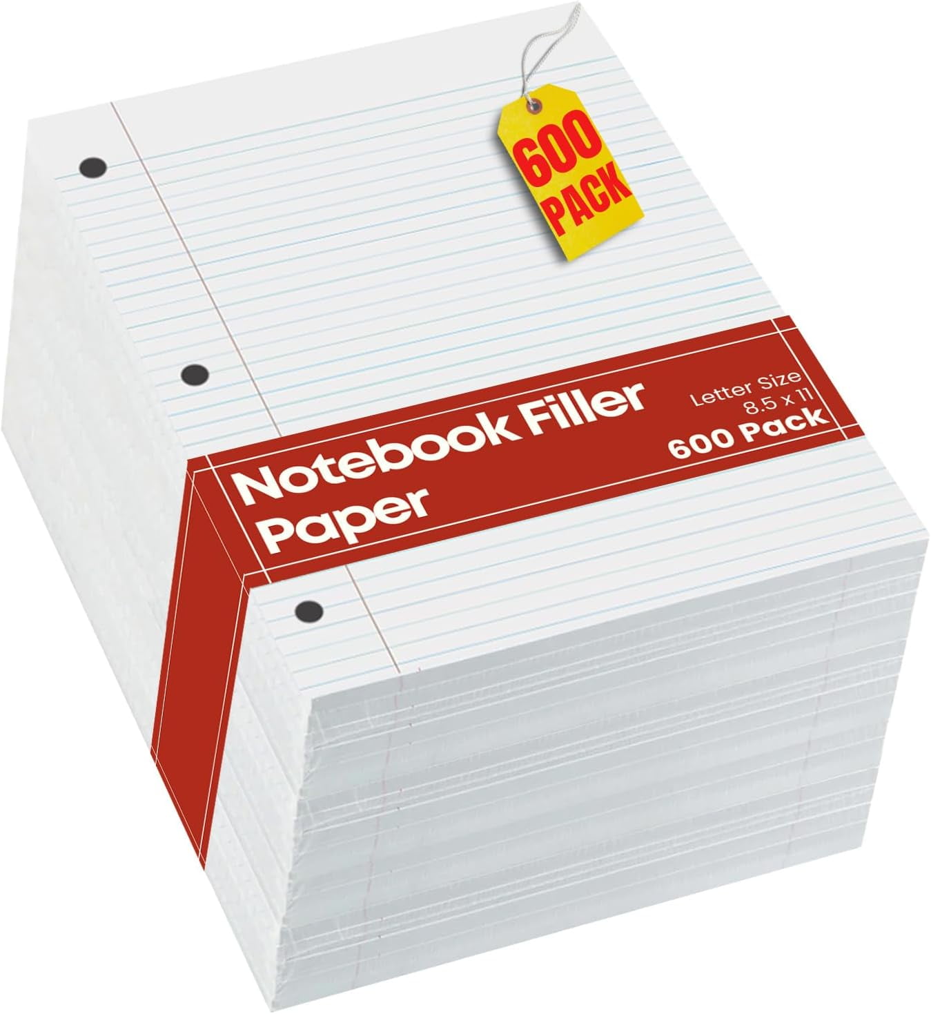 1InTheOffice Loose Leaf Paper College Ruled, Notebook Paper College Ruled, Lined Filler Paper, 3-Hole Punched, 8.5" x 11", Letter Size, 600 Pack