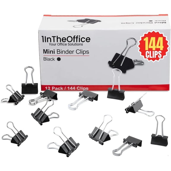 1InTheOffice Mini Binder Clips, Paper Clamp, Metal Binder Clips, Document Binder Clip, Black, 0.6", (144 Pack)