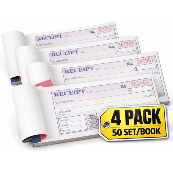 1InTheOffice Money and Rent Receipt, 2-3/4 x 7-3/16 Inches, 3-Parts, Carbonless, White/Canary, 50 Sets per Book (4 Pack)