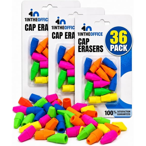 1InTheOffice Pencil Cap Erasers, Assorted Colors, Arrowhead Caps Tops Eraser, Eraser Cap For Art, Office Use, 12 Pack (Assorted Colors, 36 Pack)