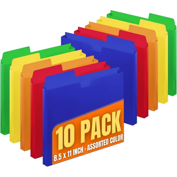 1InTheOffice Plastic File Folders Letter Size 1/3 Cut Tab, Poly File Pockets, Assorted Colors (10 Pack)
