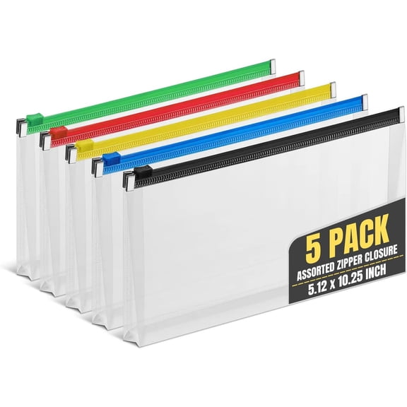 1InTheOffice Plastic Filing Envelopes with Zipper Closure, Moisture Resistant Envelope, Letter Size, Assorted Colors, Check Size (5 Pack)