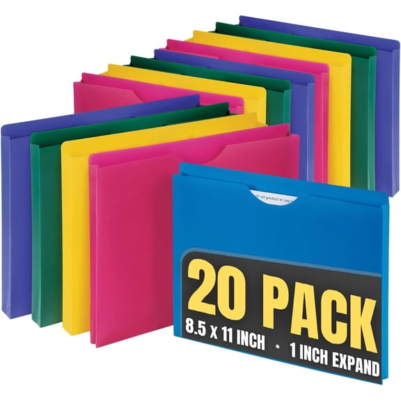 1InTheOffice Poly File Jacket File Folder, Letter 1" Expanding File Jacket, 20-Pack, Assorted