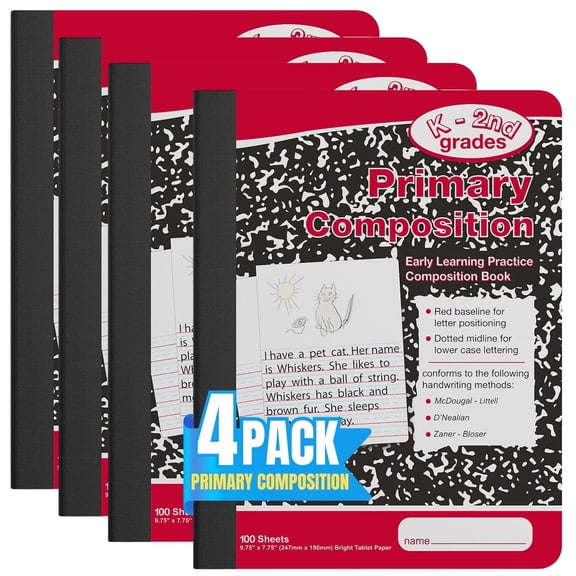 1InTheOffice Primary Composition Notebook K-2, Primary Journal, Kindergarten Notebook, 7.5" x 9.75", 100/Sheets, Red/Black Marble, 4 Pack