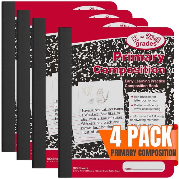 1InTheOffice Primary Composition Notebook K-2, Primary Journal, Kindergarten Notebook, 7.5" x 9.75", 100/Sheets, Red/Black Marble, 4 Pack