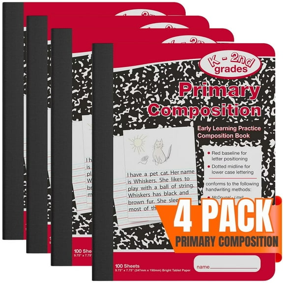 1InTheOffice Primary Composition Notebook K-2, Primary Journal, Kindergarten Notebook, 7.5" x 9.75", 100/Sheets, Red/Black Marble, 4 Pack