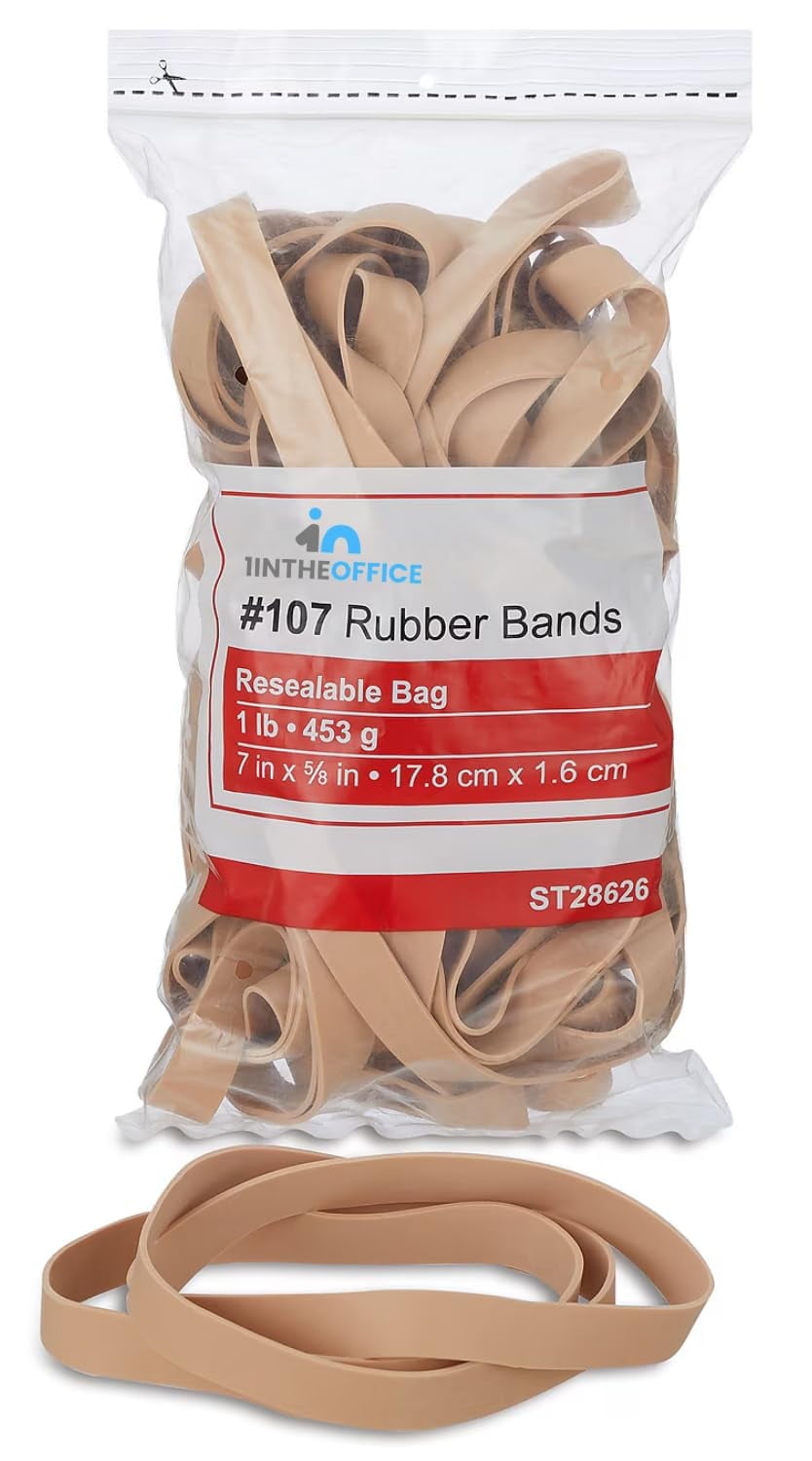 1InTheOffice Rubber Bands #107, Quality Multi-Purpose Wide Thick Rubber Bands Heavy Duty, 1 lb. (40/Pack)