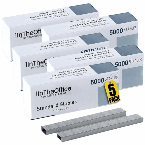 1InTheOffice Standard Staples, 1/4 Inch Leg Length Staples, Chisel Point Replacement Staples for Standard Staplers, 5,000 Staples/Pack, 5 Pack, 25,000 Total Staples