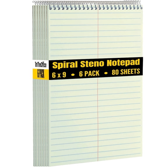 1InTheOffice Steno Pads Spiral 6x9, Spiral Note Pad, Gregg Ruled Spiral Notepad, Green Tint, 80 Sheets (6 Pack)