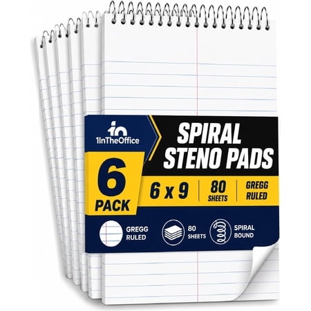 1InTheOffice Steno Pads Spiral 6x9, Top Spiral Notepad, Steno Note Pads, Gregg Ruled, 80 Sheets/Pack, White, 6 Pack