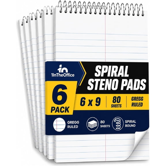1InTheOffice Steno Pads Spiral 6x9, Top Spiral Notepad, Steno Note Pads, Gregg Ruled, 80 Sheets/Pack, White, 6 Pack