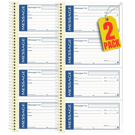 1InTheOffice Sticky Message Book, Self Stick Message Pads, Office Message Pads, Phone Message Book 2 Part Carbonless 5.25x11, White, 2 Pack