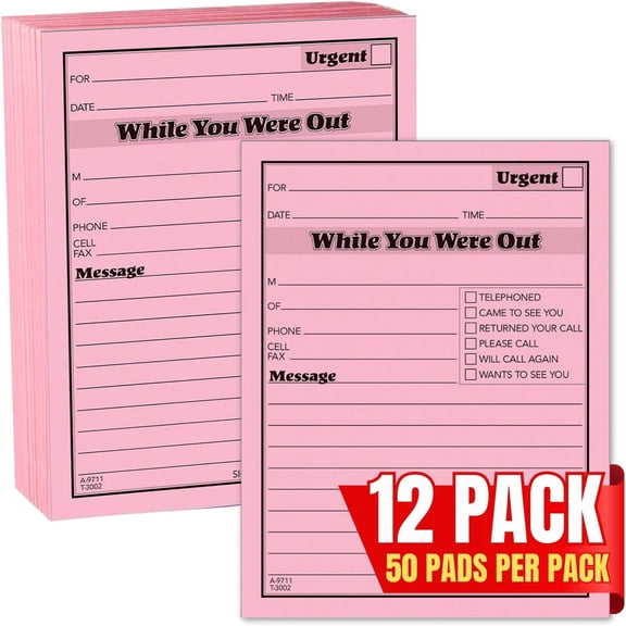 1InTheOffice While You Were Out Message Pad, Message Pads, Pink, 4 1/4 x 5 1/2, 50/Pad, (12 Pack)