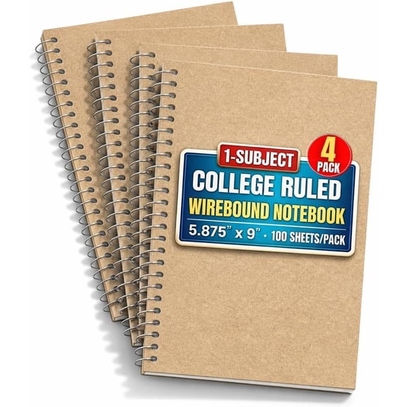 1InTheOffice Wirebound Spiral College Ruled Notebook 6 x 9, 3 Subject Notepad, Kraft Cover, 100 Sheets, (4/Pack)