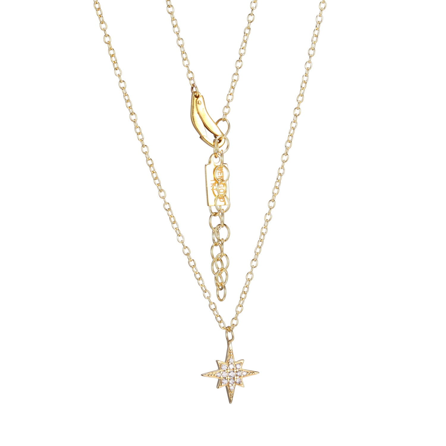 1K Yellow Gold Cubic Zirconia North Star Pendant Necklace, 16" + 2" Extention